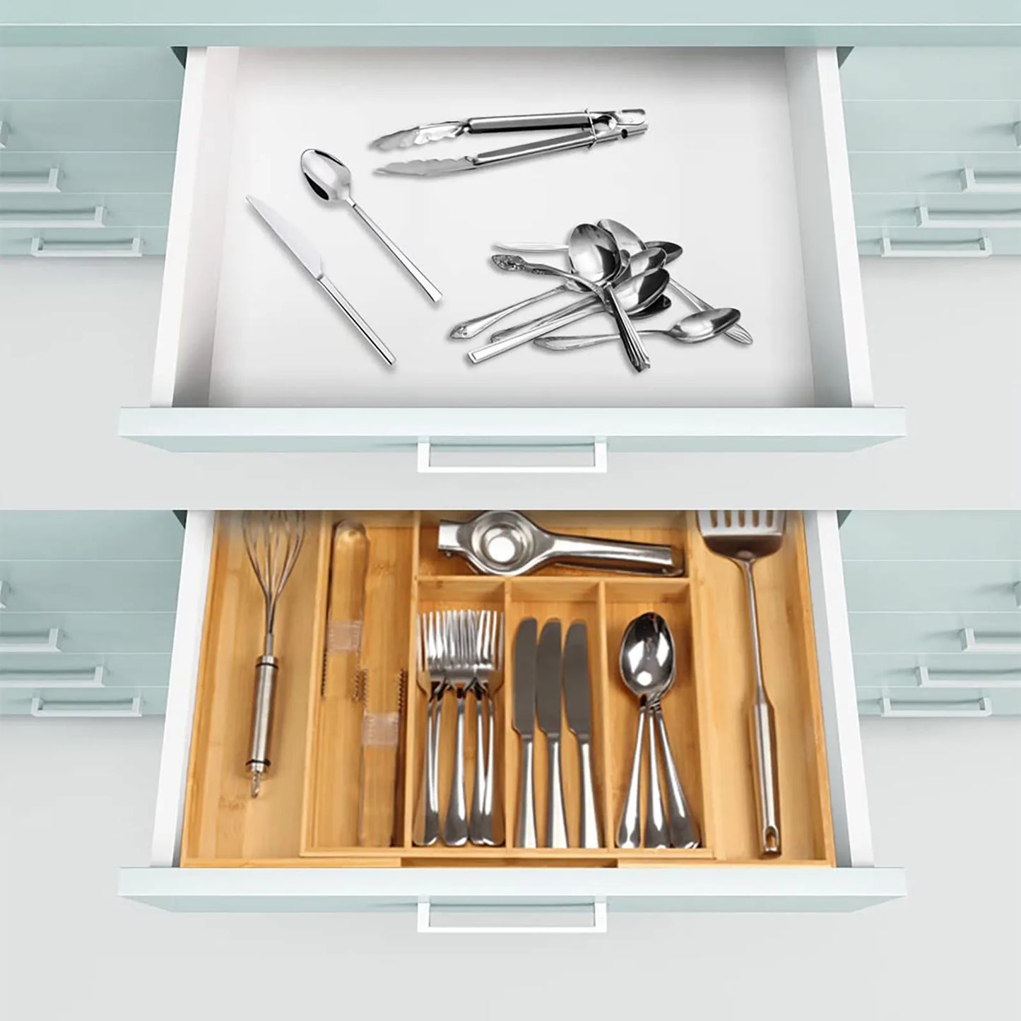 Bamboo Cutlery Divider Drawer Organizer For Utensils