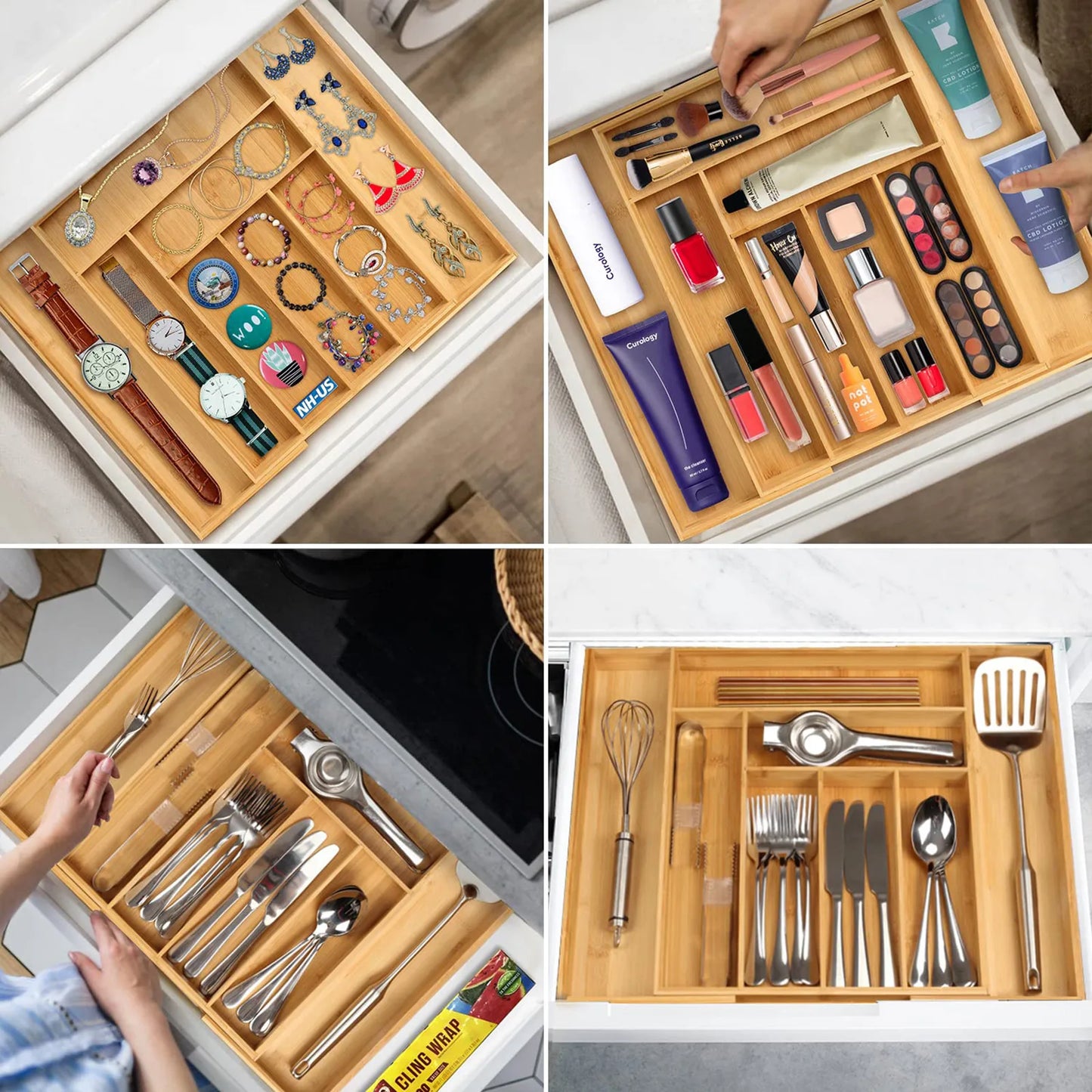 Bamboo Cutlery Divider Drawer Organizer For Utensils