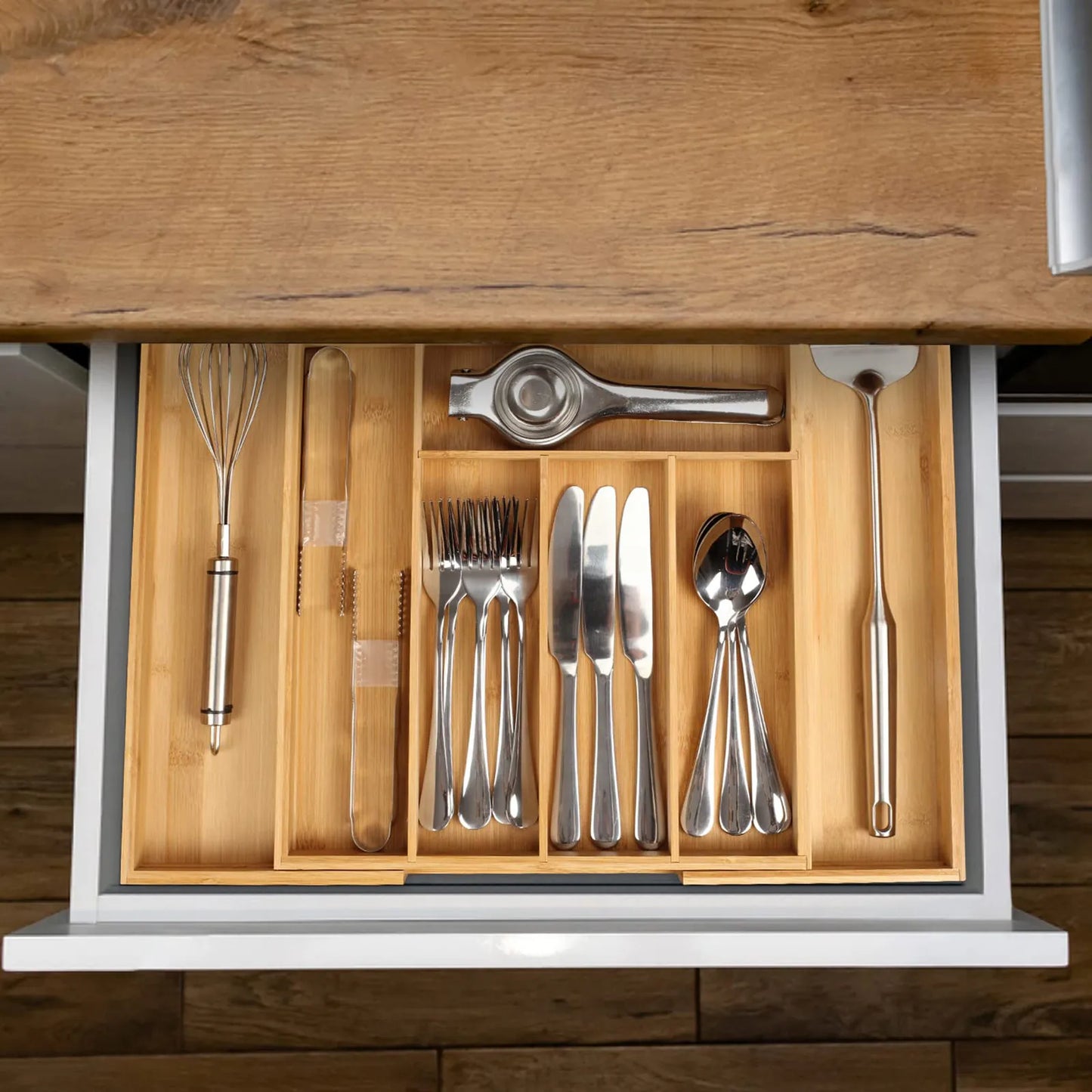 Bamboo Cutlery Divider Drawer Organizer For Utensils