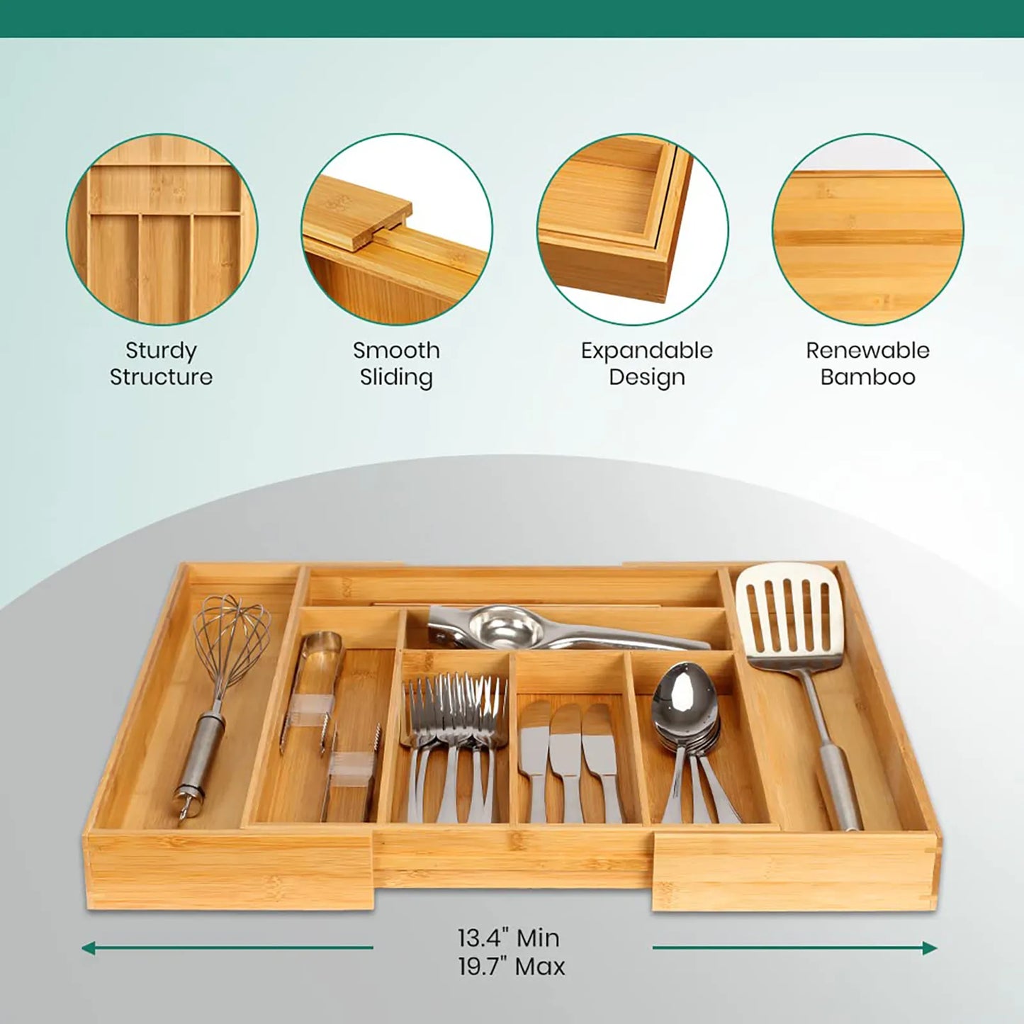 Bamboo Cutlery Divider Drawer Organizer For Utensils